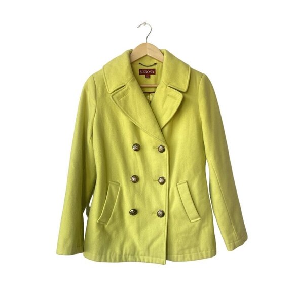 Merona Womens Coat Jacket Size S Wool Pea Green Yellow Double Breasted Short Mid - Picture 1 of 10